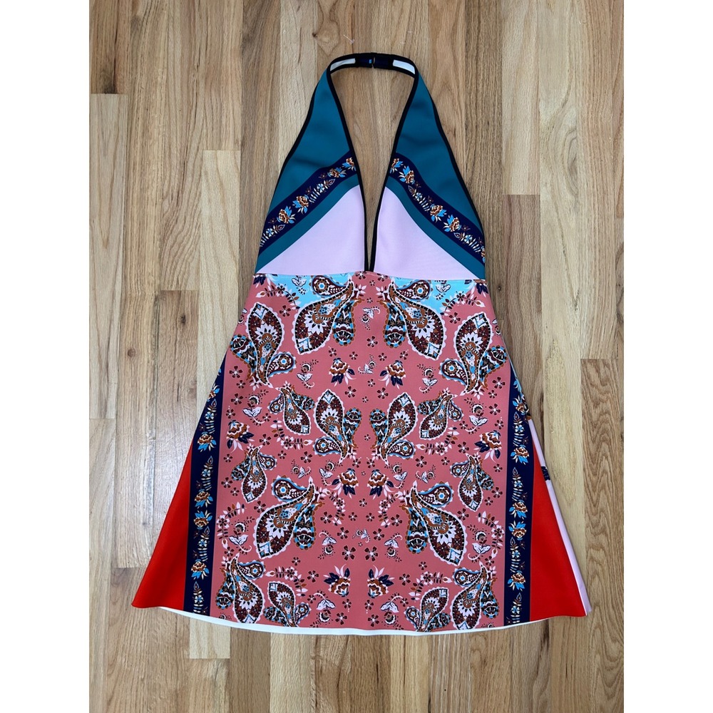 Clover Canyon Paisley Scarf Print Halter Mini Dress Neoprene Multi Color Large